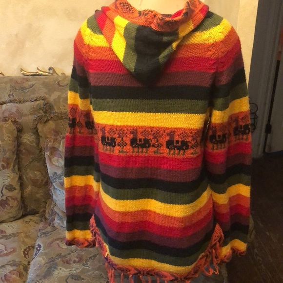 VINTAGE | Striped Llama Hooded Poncho with Fringe - Picture 6 of 6
